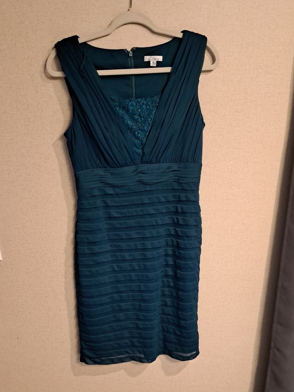 La Femme Teal Lace-Detail Pleated Sheath Dress